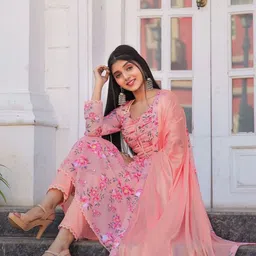 FVD Floral Printed Mirror Work Sweetheart Neck Anarkali Kurta With Trousers & Dupatta image 5