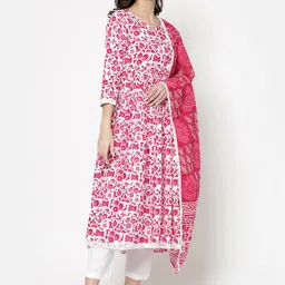 SkyaSia Women Pink Floral Printed Regular Kurta with Trousers & With Dupatta image 3