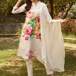 Indo Era Round Neck Floral Printed Straight Kurta with Trouser & Dupatta image 1