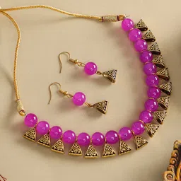 ANIKAS CREATION Sleek Pink Beads Necklace With Earrings-picture-18