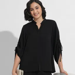 fashfun Women Oversized Fit Solid Mandarin Collar Casual Shirt-picture-11