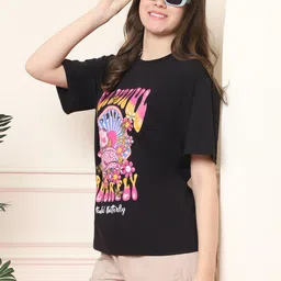 fabflee Women Printed Round Neck Pure Cotton Black T-Shirt-picture-10