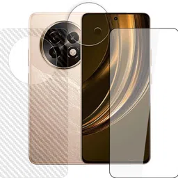 KOISTON Front and Back Tempered Glass for Realme 15 Lite 5G Tempered Glass Screen Protector | Anti-Scratch | Edge to Edge Full Coverage | 9H Hardness ( 1 FRONT SCREEN GUARD + 1 BACK CARBON FIBER SKIN + 1 CAMERA LENS PROTECTOR ) image 1