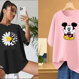 rapturous Pack of 2 Women Printed Round Neck Cotton Blend Black, Pink T-Shirt image 1
