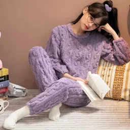 lugo Women Night Suit Set Purple Self Design-picture-22