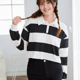 aaryainnl Casual Cape Sleeves Striped Women Black, White Top-picture-24