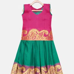Kanakadara Girls Pink & Green Woven Design Ready to Wear Pavadai Set image 1