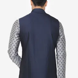 Manyavar Men Navy Blue Woven Design Nehru Jacket image 2