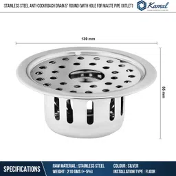 kamal Floor Stainless Steel Push Down Strainer image 3