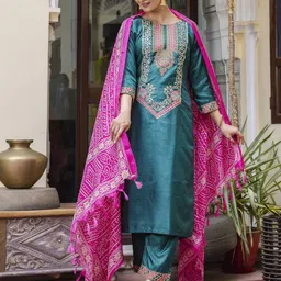 vredevogel Women Cotton Silk Kurta Pant Dupatta Set-picture-17