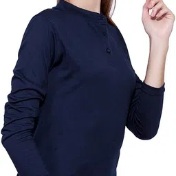 ap'pulse Women Solid Mandarin Collar Pure Cotton Dark Blue T-Shirt image 2