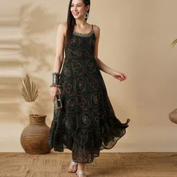 Women Fit and Flare Black Maxi/Full Length Dress-image-8