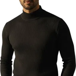 peak mount Men Solid High Neck Black Sweater image 1