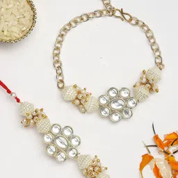 KARATCART Set of 2 Gold Plated Bhaiya Bhabhi Rakhi Combo With Roli & Chawal image 2