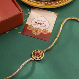 VIRAASI 3-Pcs Gold-Plated Rakhi With Perfume & Card With Roli Chawal-picture-14