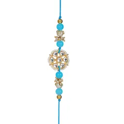 Priyaasi Blue & White Kundan-Studded Floral Rakhi With Roli & Chawal image 3