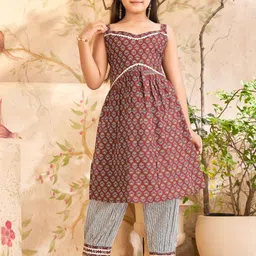 BAESD Girls Floral Printed Sweetheart Neck Gotta Patti Pure Cotton A-Line Kurta & Salwar-picture-53