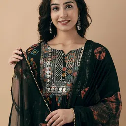 Anushansa Ethnic Motifs Printed Sequined Work A-line Kurta With Trouser And Dupatta image 5