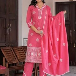 KALINI Ethnic Motifs Embroidered Regular Pure Cotton Kurta With Trouser & Dupatta-picture-41