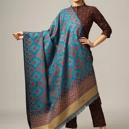HANDICRAFT PALACE Women Turquoise Blue & Beige Woven Design Jamawar Shawl-picture-36