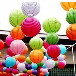 tanaya enterprises 8 inch Hanging Paper Lantern Diwali Christmas Festival Decor lamp Shade Marriage Party Decor Hanging Paper Ball Lamp (Multicolour) Paper Table Lantern Multicolor Paper Hanging Lantern image 2