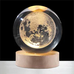 granthi enterprise 3D Moon Crystal Ball Night Light,Glass Ball Night Lamp with Woodern Base Table Lamp image 1
