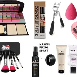 j & f 7 Pc makeup Brush Set Black / Pink With 2 blender Sponge puff , 2 in 1 Contour Stick , primer , Fixer , Foundation And All in One Best Makeup Kit 6155 With Eyelash Curler And Eyelashes-picture-32