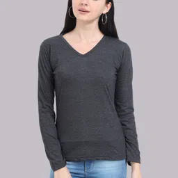 fleximaa Womens V Neck Full Sleeve Women Solid V Neck Pure Cotton Grey T-Shirt-picture-30