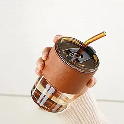 Glass Reusable Sipper Bottle with Leather Sleeve Glass Coffee Mug Straw Glass-image-20