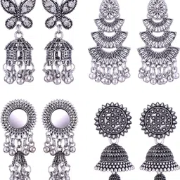 silver earrings jhumki combo oxidised earrings jhumka south indian temple party Beads, Pearl, Cubic Zirconia, Diamond Brass, Enamel, Copper, Zinc, Stone, Silver Jhumki Earring-image-19