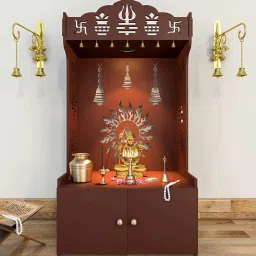 homscape Surya Chakra Mdf Wood Temple With Spacious Shelf Inbuilt Focus Light Brown image 1