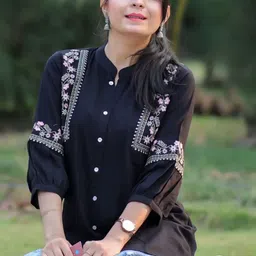 harshwal clothing Casual Balloon Sleeve Embroidered Women Black Top-picture-26