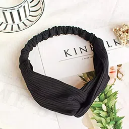 Vogue Hair Accessories Solid Cotton Fabric Knot Stretchable Hairband for Girls and Women, Pack of 1 - Black image 2