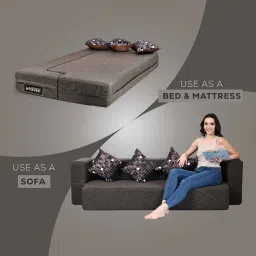 seventh heaven Laze Jute Fabric 4 Seater Sofa Cum Bed with 4 Printed Cushions in Brown Colour image 4