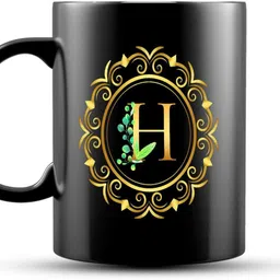dezzbee Golden Alphabet Letter H Printed Coffee/Tea, 330ML Black Ceramic Coffee Mug-picture-15
