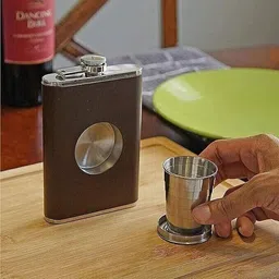 xpedition xpert 8 oz Brown Leather Hip Flask with Attached Folding Shot Glass, HP-1129 Stainless steel Hip Flask image 2