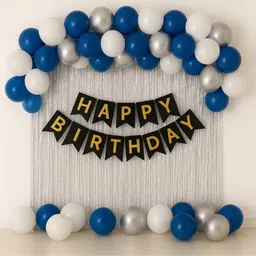 balaji blessings events Solid Blue, White & Silver Balloon Birthday Decoration Kit with Black & Golden Banner Balloon-picture-21