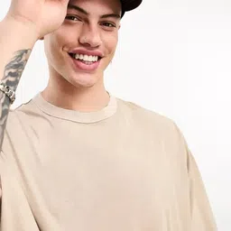 chkokko Men Solid Round Neck Polycotton Beige T-Shirt image 3