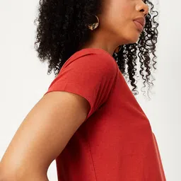 max Women Solid Round Neck Pure Cotton Brown T-Shirt image 5