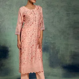 Libas Peach Floral Printed Beads And Stones Straight Kurta With Palazzos & Dupatta image 5