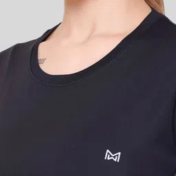 white moon Women Colorblock Round Neck Polyester Black T-Shirt image 4