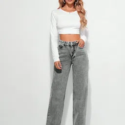 denim look Women Flared High Rise Grey Jeans image 5