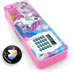 Unicorn Theme Vibrant Pink Color With Attractive Badge Trendy Designed Compact and Portable Magnetic Pencil Box with Calculator and Sharpener for Girls & Boys Art Plastic Pencil Box-image-20