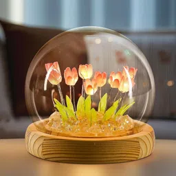 krexineum Tulip Flower LED Night Lamp with Glass Dome | Decorative Bedside Table Lamp Multicolor Glass, Wooden, Plastic Table Lantern-picture-26