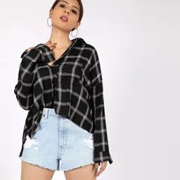 chimpaaanzee Women Oversized Fit Checkered Spread Collar Casual Shirt-picture-11