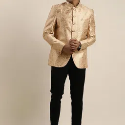 VASTRAMAY Self Design Mandarin Collar Slim-Fit Bandhgala Blazer image 5