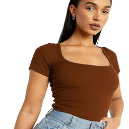 prime love Casual Regular Sleeves Solid Women Brown Top-picture-13