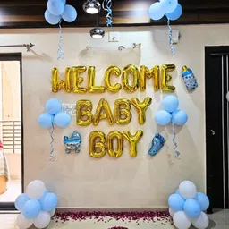 Solid Welcome Baby Boy balloon decoration kit blue white Balloon with foil baloons Balloon-image-2