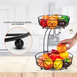 e c creation 2Tier Fruit Basket with Bnana Hanger With Double Banana Hanger Steel Fruit & Vegetable Basket image 2