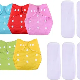 zlox Baby Diapers Washable Reusable Adjustable 5 Cloth Diapers & 5 White Inserts image 1